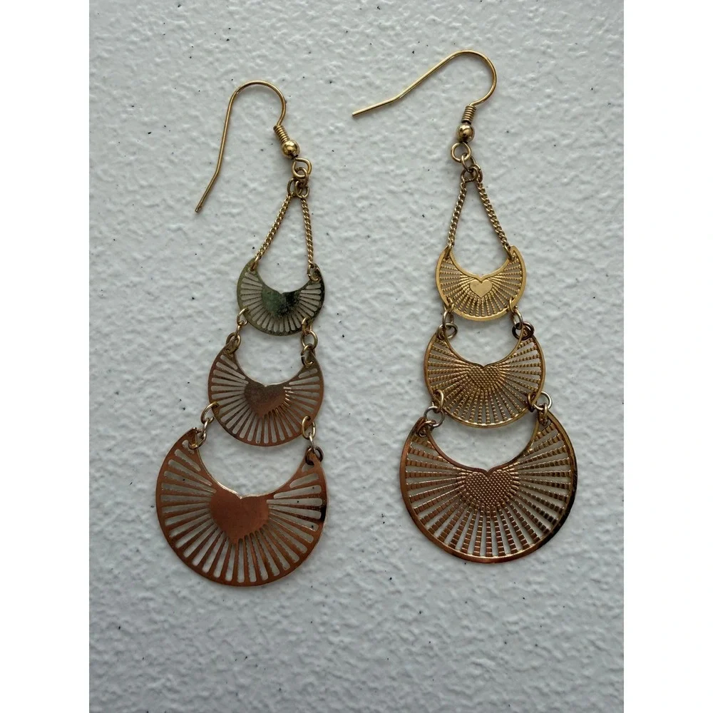 Boho Tiered Crescent Heart Drop Earrings Gold Tone Metal Sunburst Filigree